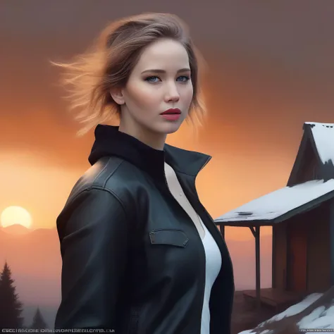 JenniferLawrence,<lora:JenniferLawrenceSDXL:1>,portrait,female, in a black leather jacket and a white skirt, standing next to an old cabin on the mountain peak at sunset with a beautiful sunset in the background, oil painting by Greg Rutkowski and Craig Mullins, octane render, trending on artstation, masterpiece, 8k, cinematic, hyperrealistic, highly detailed, digital art, dramatic lighting, mystical, mystical, dark, dramatic, fantasy. artwork by Ruan Jia and WLOP and Artgerm and William-Adolphe Bouguereau and Dan "itz, cyberpunk, High contrast. Star Wars M9,