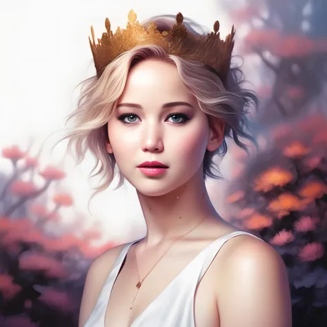 JenniferLawrence,<lora:JenniferLawrenceSDXL:1>,portrait,female,stunningly beautiful fantasy illustration by Greg Rutkowski and Ross Tran + intricate linework golden ratio composition with black flowers as hair like the crown headshot super cute-fine details hyperrealistic oil painting on canvas texture in 8k resolution concept art octane render photorealism 3d finalrender macro photography full body character only two face single portrait rule of thirds close up shot wearing dramatic vivid psychedelic dainty dark moody lighting atmosphere detailed throne made out!! trending pixiv fanbox manga cover style drawn makoto shinkai tite kim jung ghibli jamie