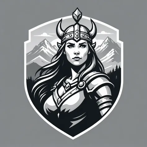 vector logo, guard shield, female Viking, mountain in background, <lora:Logo_of_Special_Forces:1>, monochrome