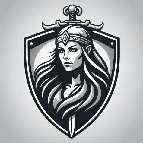 vector logo, guard shield on sword, female Viking, <lora:Logo_of_Special_Forces:1>, monochrome