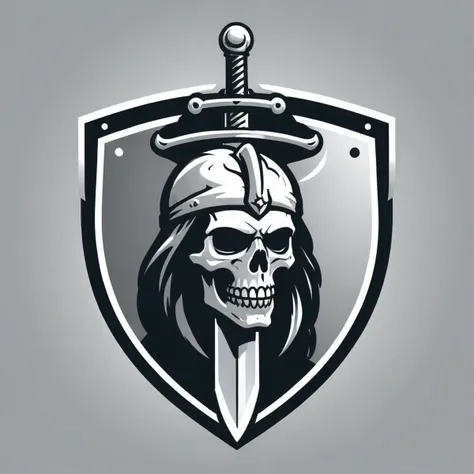 vector logo, guard shield on sword, skull head,  <lora:Logo_of_Special_Forces:1>, monochrome