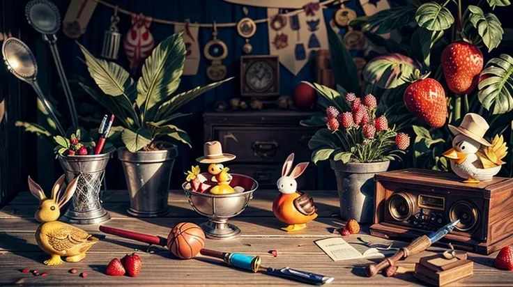 hiddenobjectgame outdoor garden banana tree, plant, 1rubber duck, 1globe, 1flower, 1rabbit, 1cat, 1fish, 1pen, 1skull, 1necklace, 1speaker, 1keyboard, 1basketball, 1fence, 1astronaut, 1rocket, 1clown, 1strawberry,  1clock, 1sword, 1hat, details, <lora:add_detail:1> <lora:last:1>