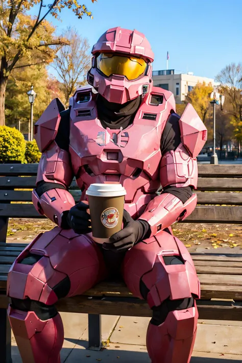 TheLoveChief2024, armor, helmet, master chief, looking at viewer, sitting, on bench, spreading legs, holding coffee cup, outside, park, winter, blue sky, high quality, masterpiece, <lora:TheLoveChief2024:.7>