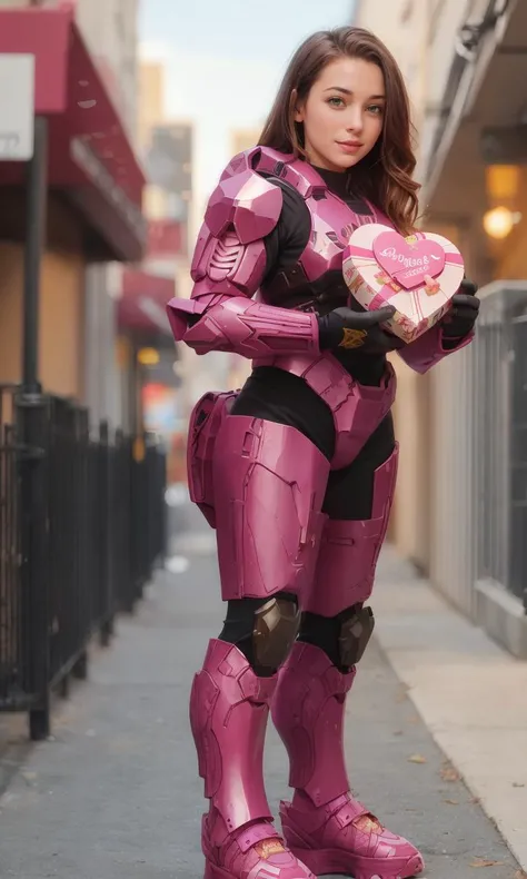 TheLoveChief2024, 1girl, brown hair, beautifulbest quality, armor,master chief, full body, pov, holding box of chocolates, heart-shaped box, valentine,
