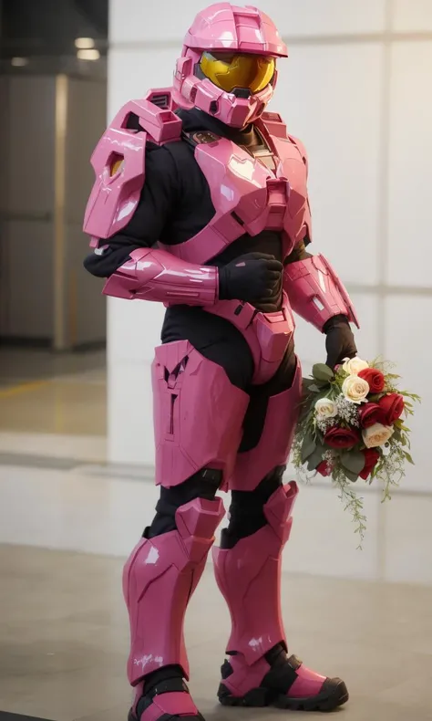 TheLoveChief2024, best quality, armor, helmet, master chief, full body, holding holding bouquet roses, valentine's day