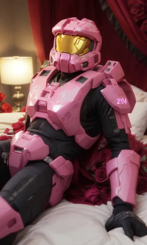 TheLoveChief2024, best quality, armor, helmet, master chief, full body, lying in bed of roses, seductive pose, sexy, roses, valentine's day,