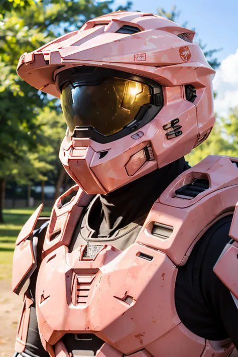 TheLoveChief2024, armor, helmet, master chief, looking at viewer,close up, outside, park, blue sky, high quality, masterpiece, <lora:TheLoveChief2024:.7>