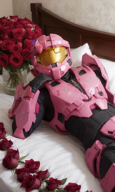 TheLoveChief2024, best quality, armor, helmet, master chief, full body, lying in bed of roses, seductive pose, sexy, roses, valentine's day,