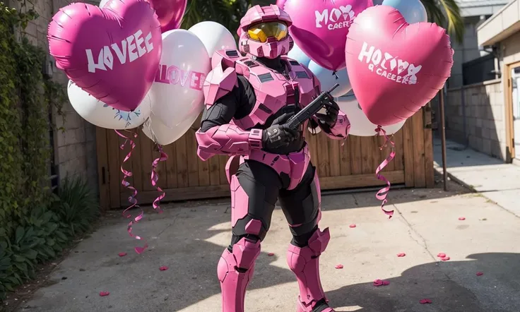 TheLoveChief2024, best quality, armor, helmet, master chief, full body, surrounded by love heart balloons,