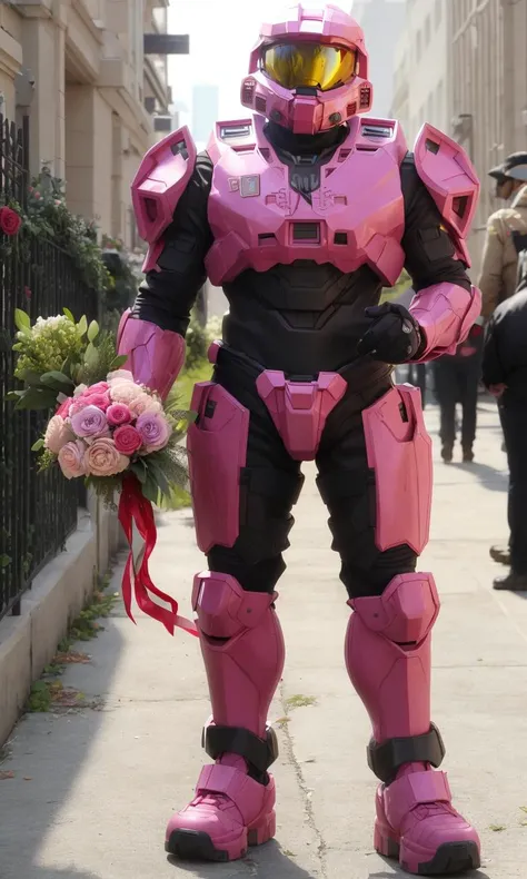 TheLoveChief2024, best quality, armor, helmet, master chief, full body, holding holding bouquet roses, valentine's day