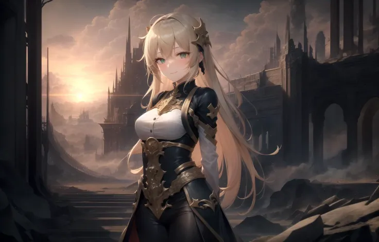 <lora:djzEndGate_v15:1>, masterpiece, best quality, ultra-detailed, beautiful lighting, solo, 1girl, pants, blonde hair, green eyes, oversized clothes, baggy clothes, long sleeves, white shirt,  standing up, beautiful scenery, slight blush, smiling, (cute smile:1.1), (glossy lips:1.2), (beautiful eyes:1.1), wonderful background, closed mouth, (arms_behind_back), sunrise, cityscape, sleeves past fingers, people
