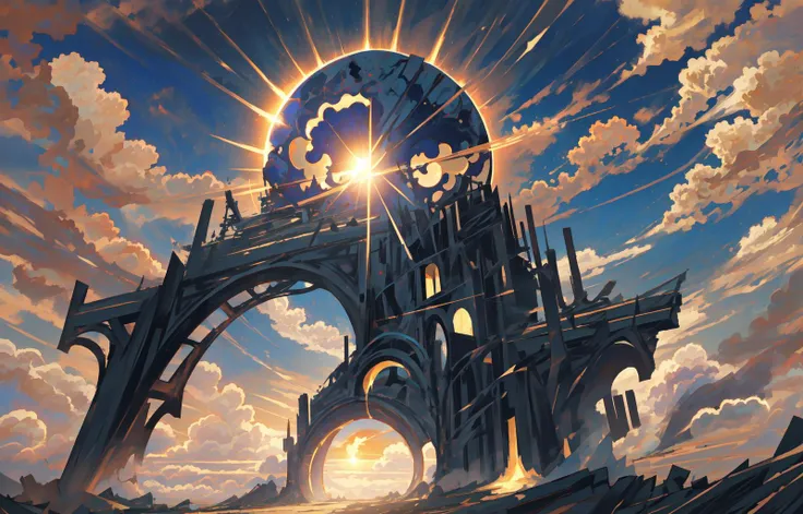 masterpiece, best quality, detailed, (((no humans))), glowing, golden light, blue sky, clouds, sun, pure, bright, <lora:djzEndGate_v15:1>, holy