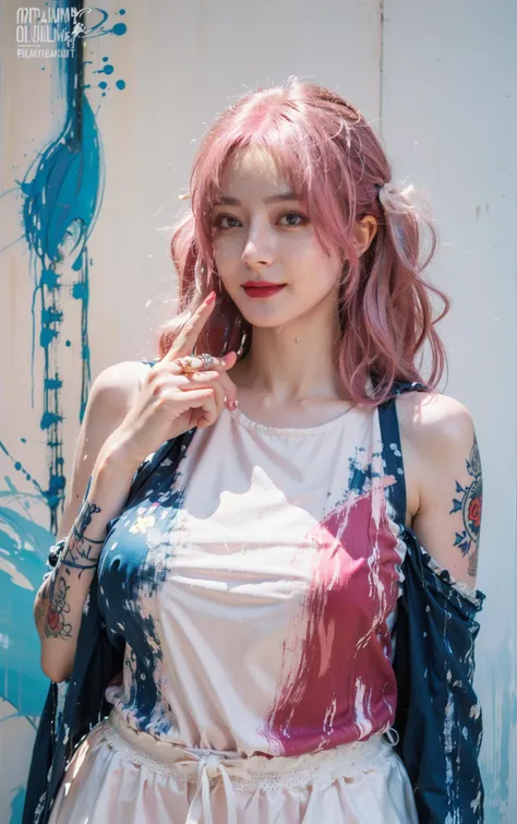 (oil painting:1.5), (NSFW:1.2), 1girl, feature, pureerosface_v1, Ambilight, slender waist, (Lying:1.2), (blue tattoo, Paint poured on the body:1.3), fingernails, (splash, brushwork:1.5), background,double exposure, fussion of fluid abstract art,(original illustration composition),( fusion of limited color, maximalism artstyle, geometric artstyle), <lora:ç¾è±é
¿:0.6>, <lora:MengX girl_Mix_V40:0.8>,<lora:LORADilraba_v10:0.3>, <lora:FilmVelvia3:0.6> , (depth of filed:1.2), (extremely detailed skin, extremely detailed face:1.23), (fat), (see-through dress:1.23), (curvy body:1.3), (((wet))), (chubby:1.32), shiny skin, (evil smile:1.2), (ringlets:1.4), (platinum pink hair:1.6)