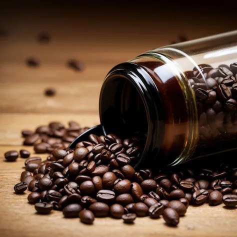 a bottle of glass filled with coffee grains