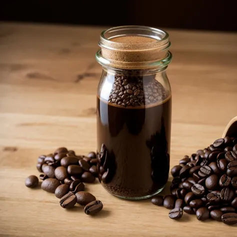 a bottle of glass filled with coffee grains