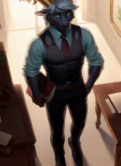 <lora:tanngrisnir-06:0.9>, tanngrisnir, (soft shading), 4k, hi res, (detailed face, detailed eyes, detailed), ((full body)), by zackarry911, by zaush, (by personalami:0.5), solo, looking at viewer, shirt, 1boy, holding, male focus, necktie, glasses, collared shirt, belt, pants, vest, book, feet out of frame, black pants, formal, blue shirt, red necktie, black vest, green shirt, blue-framed eyewear, aqua shirt, between pectorals