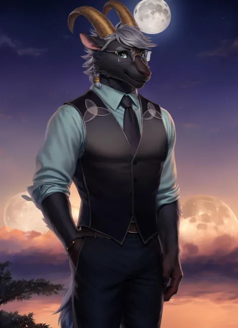 <lora:tanngrisnir-06:0.9>, tanngrisnir, black fur, (soft shading), 4k, hi res, (detailed face, detailed eyes, detailed), ((full body)), by zackarry911, by zaush, (by personalami:0.5), looking at viewer, smile, shirt, 1boy, full body, male focus, necktie, sky, glasses, pants, vest, sparkle, night, black pants, formal, moon, suit, red necktie, night sky, full moon, sleeves rolled up, hand in pocket, black vest, holding jacket