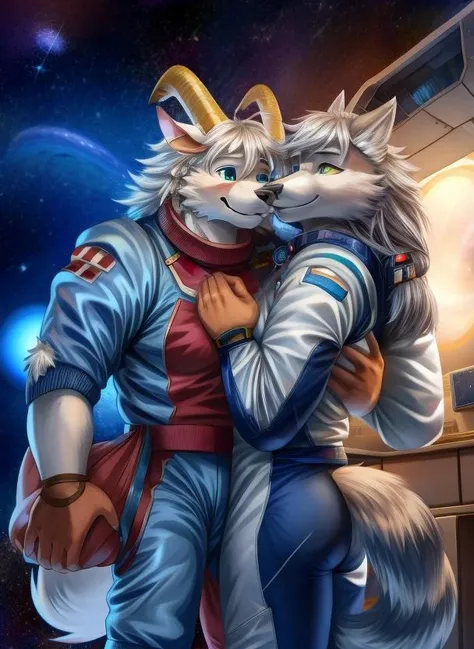 vintage 90's anime style, male, tanngrisnir wearing space suit BREAK wolf wearing space suit, (hugging:1.2), romantic couple, starship interior, space art <lora:tanngrisnir-06:1> <lora:add_detail:1>
