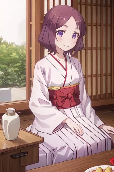 best quality, masterpiece, highres, solo, {white kimono:1.35}, {red hakama:1.35}, {wide sleeves:1.20}, {shinoda_hajime_newgame:1.15}, brown_hair, short_hair, green_eyes, blush, collarbone, smile
