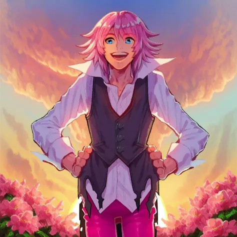 score_9, Lauriam, 1boy, solo, male focus, pink hair, blue eyes, white shirt, black vest, collared shirt, sleeveless vest, long sleeves, pink pants, hands on hips, smile, open mouth, flower, pink flower, sky, cloud, sunset,