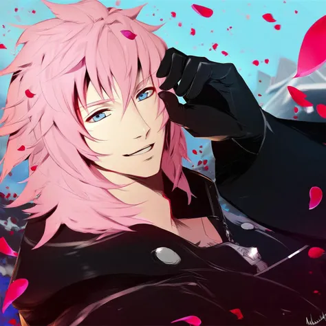 score_9, Marluxia, 1boy, solo, male focus, pink hair, blue eyes, coat, black coat, gloves, black gloves, falling petals, smile, parted lips