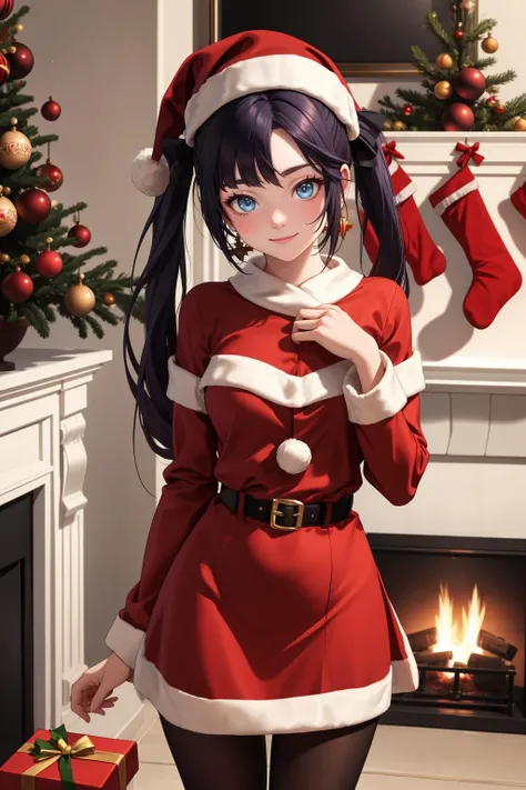masterpiece, best quality, highres, absurdres, ultra detailed, pretty hands
1girl, aamona, blue eyes, long purple hair, twintails, hair ornament, red ribbon, earrings, pantyhose, red santa hat, red xmas dress, standing, happy, soft smile
looking at viewer, cowboy shot,
indoor, xmas tree, fireplace, present under tree
<lora:mona_v1:0.8>,
