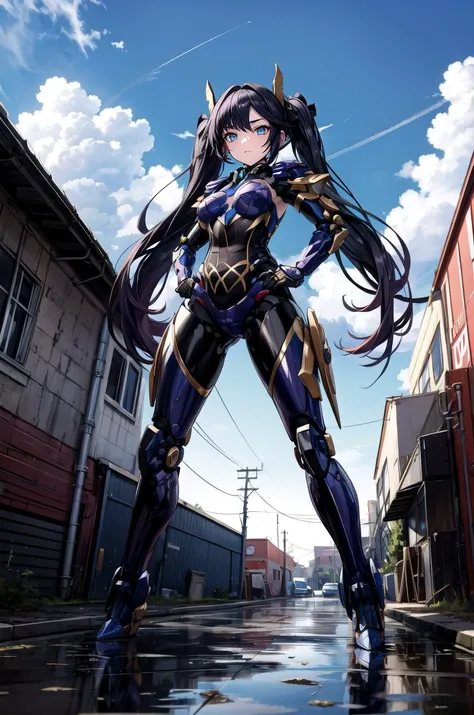 (masterpiece, best quality, detailed), 1girl, solo, aamona, long hair, twintails, hair ornament, black ribbon, earrings, looking at viewer, 
<lora:mecha_offset:1>, mecha musume,mechanical parts, robot joints,single mechanical arm, headgear, mecha corset, full armor, outdoors, alley, industrial pipe, building, urban, power lines, cloudy sky, sign, dark, night, puddle, fighting stance, (clenched hands), legs apart