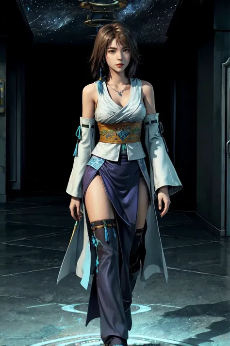 1girl, blue-beaded earring, brown hair, detached sleeves, necklace, solo, yuna (ff10), yunaffx,  <lora:YunaFFX-V2:0.8> medium breasts, full body, walking, hallway, looking at viewer, hand on hip,