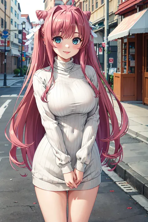 masterpiece,best quality,highres,ultra-detailed,ryuubi,long hair,ahoge,cone hair bun,hair ornament,<lora:ryuubi:0.7>,sweater dress,turtleneck,street,smile,standing,hands_on_lap,