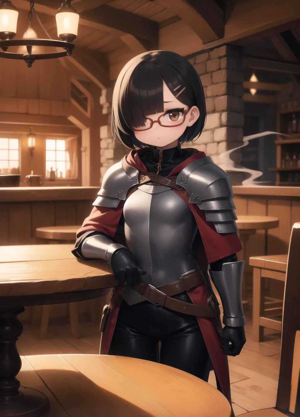 masterpiece, best quality, standing
1girl, solo, light skin, mini girl, small breast, black hair, short hair, brown eyes, bangs, long sideburns, hairpin, hair over one eye, red-framed eyewear,
hood, armor, black cloak, pants, belt, shoulder armor, gauntlets, boots,
medieval tavern, round tables, chairs, smoke in the air, bar, fireplace, stairs leading up, shields on the wall, sits by the table, sit chair, FanTav <lora:FantasyTavern:0.5>
