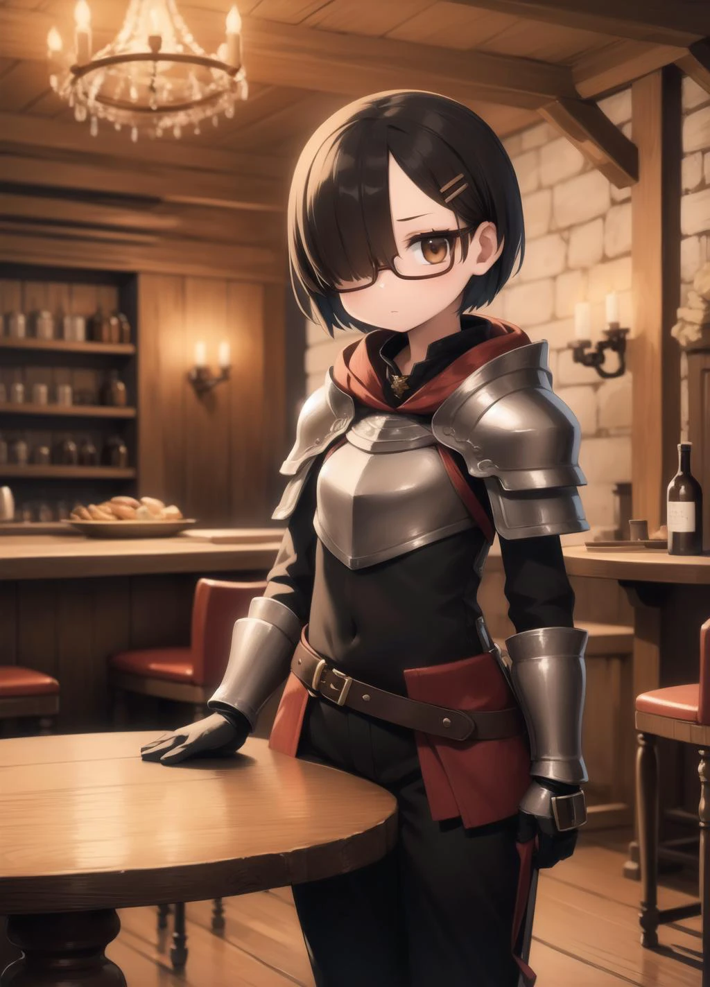 masterpiece, best quality, standing
1girl, solo, light skin, mini girl, small breast, black hair, short hair, brown eyes, bangs, long sideburns, hairpin, hair over one eye, red-framed eyewear,
hood, armor, black cloak, pants, belt, shoulder armor, gauntlets, boots,
medieval tavern, round tables, chairs, smoke in the air, bar, fireplace, stairs leading up, shields on the wall, sits by the table, sit chair, FanTav <lora:FantasyTavern:0.5>