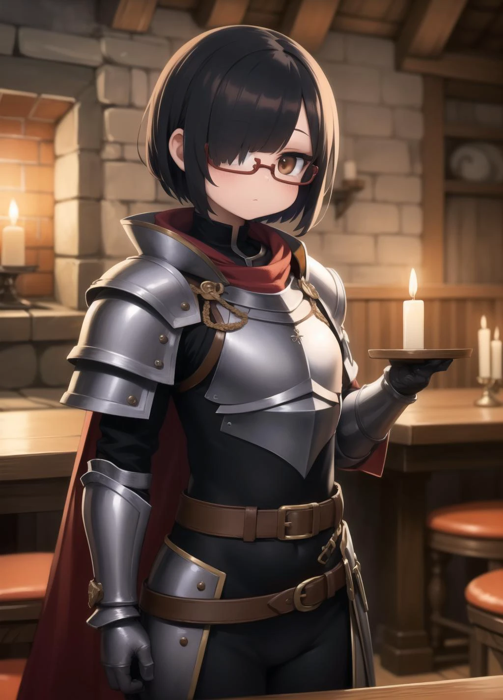 masterpiece, best quality, standing
1girl, solo, light skin, mini girl, small breast, black hair, short hair, brown eyes, bangs, long sideburns, hairpin, hair over one eye, red-framed eyewear,
armor, black cloak, pants, belt, shoulder armor, gauntlets, boots,
medieval tavern, round tables, chairs, candles, smoke in the air, bar, fireplace, stairs leading up, shields on the wall, FanTav <lora:FantasyTavern:0.5>
