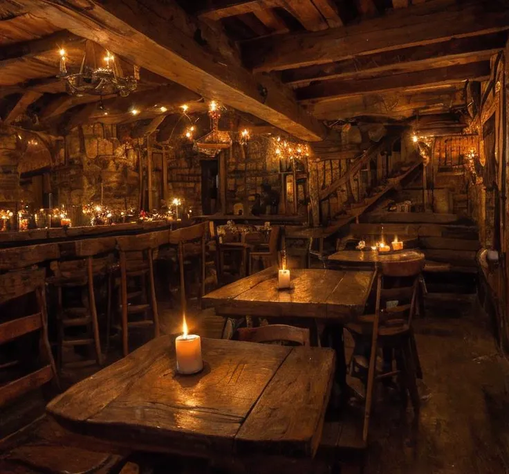(masterpiece:1.2), (best quality,:1.2), 8k, HDR, ultra detailed, ((photorealistic)), perfect anatomy, professional light, cinematic lighting, fashion photography, ambient lighting, <lora:detail_slider_v4:2.5>, a medieval tavern, long tables, chairs, candles, smoke in the air, fireplace, stairs leading up, shields on the wall, ((perfect hands)), perfect faces, FanTav, <lora:FantasyTavern-10:0.7>, epiCPhoto