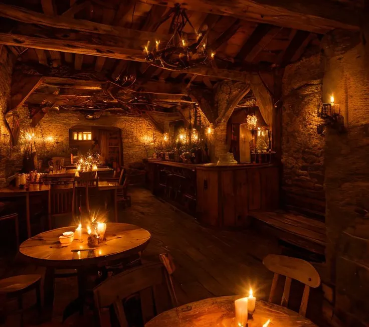 (masterpiece:1.2), (best quality,:1.2), 8k, HDR, ultra detailed, ((photorealistic)), perfect anatomy, professional light, cinematic lighting, fashion photography, ambient lighting, <lora:detail_slider_v4:2.5>, a medieval tavern, round tables, chairs, candles, smoke in the air, bar, fireplace, stairs leading up, shields on the wall, ((perfect hands)), FanTav, <lora:FantasyTavern-10:0.7>, epiCPhoto