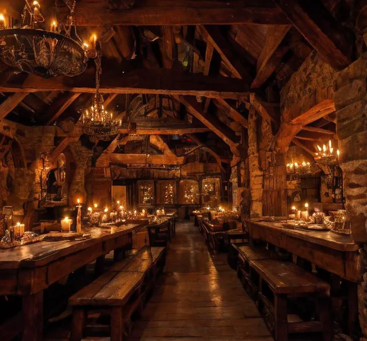 (masterpiece:1.2), (best quality,:1.2), 8k, HDR, ultra detailed, ((photorealistic)), perfect anatomy, professional light, cinematic lighting, fashion photography, ambient lighting, <lora:detail_slider_v4:2.5>, a medieval tavern, long tables, chairs, candles, smoke in the air, fireplace, stairs leading up, shields on the wall, ((perfect hands)), perfect faces, FanTav, <lora:FantasyTavern-10:0.7>, epiCPhoto
