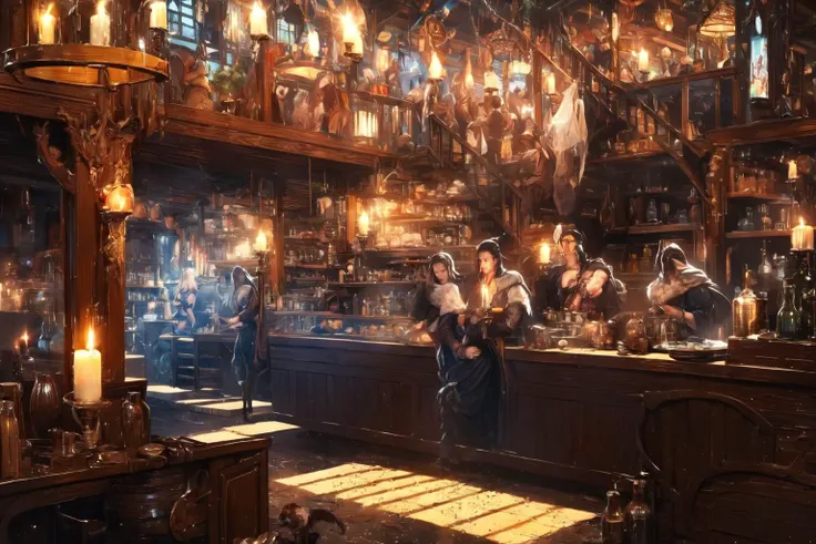 <lora:FantasyTavern:1>, FanTav, Lively, tables , tavern, chairs, bottle of wine, glass of water, candle, night:1.15, soft light,  a medieval tavern, windows, reception desk, food, roast chicken, bread, wide space,
(masterpiece:1.2), (best quality,:1.2), 8k, HDR, ultra detailed, ((photorealistic)), professional light, cinematic lighting, fashion photography, ambient lighting, fantasy,
<lora:Night scene_20230715120543:0.65>, cozy ,