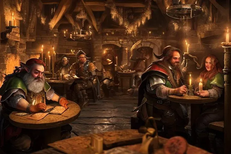 ultra detailed, hyperrealistic, 1girl (elf ), 1 man (rpg-dwarf), 1 man (fighter) e sitting together at a table in a FanTav, 1 man(bard) playing lute, candles, fireplace, dramatic lighting<lora:FantasyTavern-10:1.1>