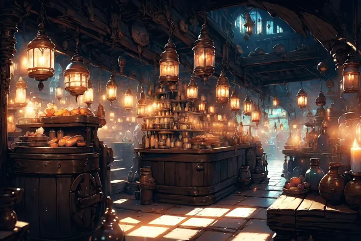 <lora:FantasyTavern:1>, FanTav, Lively, tables , tavern, chairs, bottle of wine, glass of water, candle, night:1.15, soft light, a medieval tavern, windows, reception desk, food, roast chicken, bread, wide space,
(masterpiece:1.2), (best quality,:1.2), 8k, HDR, ultra detailed, ((photorealistic)), professional light, cinematic lighting, fashion photography, ambient lighting, fantasy,
<lora:Night scene_20230715120543:0.7>, cozy ,