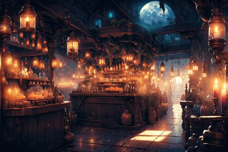 <lora:FantasyTavern:1>, FanTav, Lively, tables , tavern, chairs, bottle of wine, glass of water, candle, night:1.15, soft light, a medieval tavern, windows, reception desk, food, roast chicken, bread, wide space,
(masterpiece:1.2), (best quality,:1.2), 8k, HDR, ultra detailed, ((photorealistic)), professional light, cinematic lighting, fashion photography, ambient lighting, fantasy,
<lora:Night scene_20230715120543:0.7>, cozy , fancy, bright, vivid, lively, moon light,