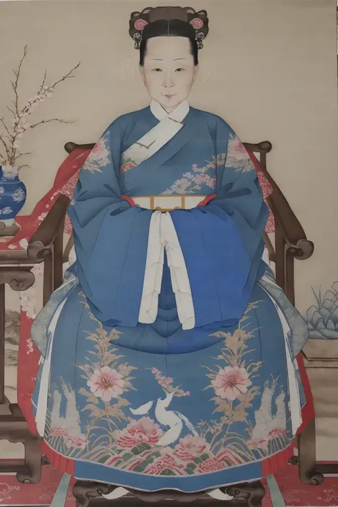 best quality, highres, painting of 1 female, mingstyle, full body, blue Chinese clothes, hanfu, floral print, white crossed collar, xiaoxiang, <lora:Xiang:0.9>