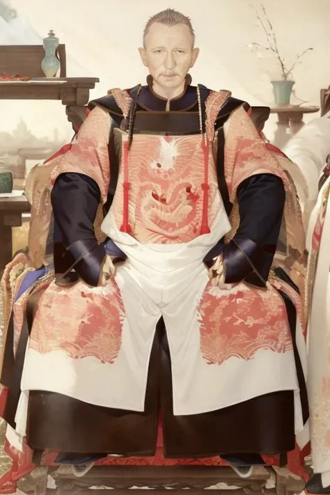painting of 1 man, full body,<lora:Concept_ChineseAncestralPortrait:1>,qingstyle,xiaoxiang, Chinese clothes, sitting on chair, <lora:Face_007DanielCraig:1>,Daniel Craig