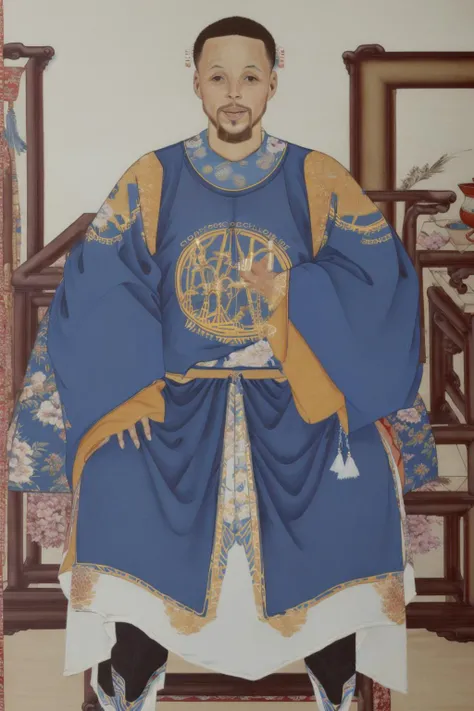 best quality,highres,painting of Stephen Curry,full body,blue Chinese clothes,hanfu,floral print,white crossed collar,xiaoxiang,<lora:Xiang:0.85>,
