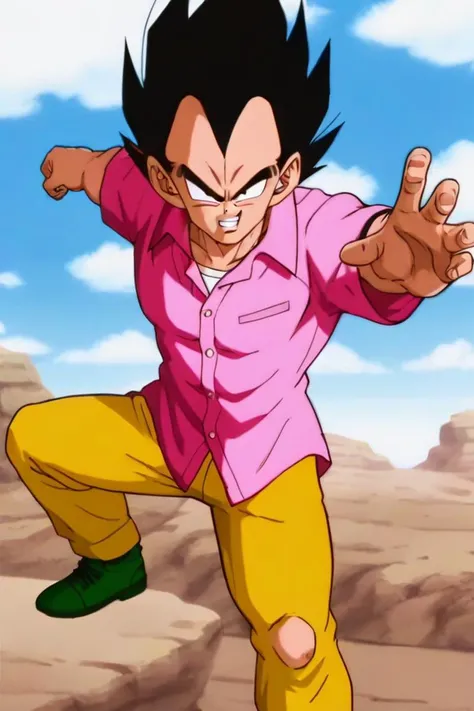 source_anime, score_9, score_8_up, score_7_up, anime screencap,8k, absurd res,
vegeta, solo, smile, shirt, black hair, 1boy, male focus, outdoors, sky, teeth, day, pants, cloud, grin, black eyes, blue sky, muscular, spiked hair, clenched teeth, rock, incoming attack, fighting stance, v-shaped eyebrows, white undershirt, pink shirt, yellow pants, outstretched hand, looking at viewer, green footwear, short sleeves
<lora:vegeta_pony_v1:0.8>