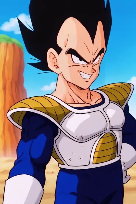 source_anime, score_9, score_8_up, score_7_up, anime screencap,8k, absurd res,
vegeta, solo, looking at viewer, smile, black hair, 1boy, upper body, male focus, outdoors, sky, teeth, day, cloud, armor, grin, black eyes, blue sky, muscular, spiked hair, saiyan armor, blue bodysuit, white gloves, selfie, from above, happy, embarrassed,
<lora:vegeta_pony_v1:0.8>