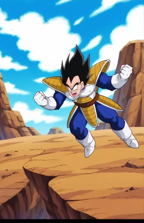 score_9, score_8_up, score_7_up, source_anime, anime screencap, BREAK, vegeta, solo, open mouth, black hair, gloves, 1boy, tail, male focus, outdoors, sky, teeth, day, cloud, white gloves, armor, blue sky, grass, spiked hair, saiyan armor, blue bodysuit, angry, shouting, monkey tail, plate shielding, tail belt, v-shaped eyebrows, full body, charging aura, ki, power up, <lora:vegeta_pony_v1:0.8>, (speed line, rage, motion line, motion blur),