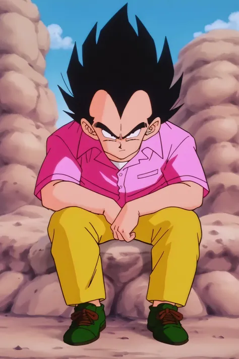 source_anime, score_9, score_8_up, score_7_up, anime screencap,8k, absurd res,
vegeta, solo, looking at viewer, shirt, black hair, 1boy, sitting, closed mouth, full body, male focus, outdoors, sky, shoes, green footwear, day, collared shirt, pants, cloud, black eyes, blue sky, frown, spiked hair, pink shirt, rock, white undershirt, yellow pants, arm on knee, v-shaped eyebrows, 1990s \(style\), retro artstyle, short sleeves
 <lora:vegeta_pony_v1:0.8>