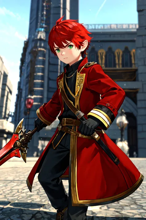 1boy, male focus, solo, LalaTater, bangs, blurry, blurry background, building, coat, day, fire, gloves, green eyes, holding, holding weapon, outdoors, short hair, standing, weapon, red hair <lora:JAFP-FFXIV:0.55>