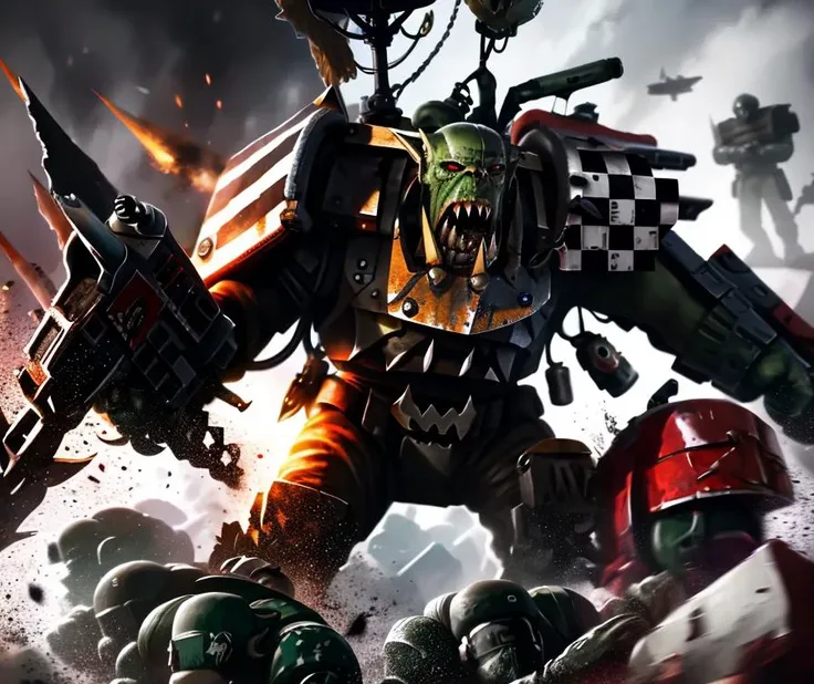 masterpiece,best quality,extremely detailed CG wallpaper, ultra_detailed,(high quality+high quality),(Masterpiece Painting:1.3) of (Ultra detailed:1.3),(Proud:1.3),1boy, gun, solo, checkered, male_focus, camouflage, good face,detailed face,warhammer40k,ork,two eyes,a group of people in a battle with a robot in the background and a man holding a gun in his hand, realistic, damaged, science_fiction, mecha, dirty, debris, battle, ground_vehicle, weapon, military, gun, motor_vehicle