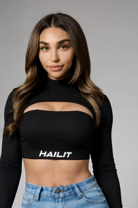 chantel_jeffries wearing long sleeve crop top, long hair, hazel green eyes,
checkered long sleeve crop top,
upper body close-up, portrait, wall background,
<lora:Chantel_Jeffries_V1.2:0.8>