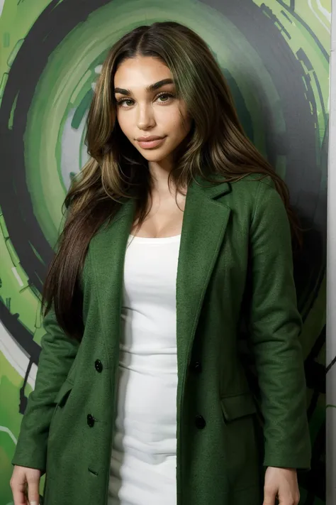 chantel_jeffries wearing green overcoat, long hair, hazel eyes, 
upper body, portrait, wall background, 
 <lora:Chantel_Jeffries_V1.2:0.8>